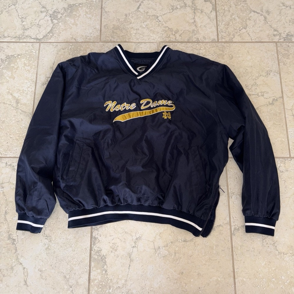 Vintage Notre Dame Fighting Irish V-Neck Windbreaker Pullover XL Navy Blue